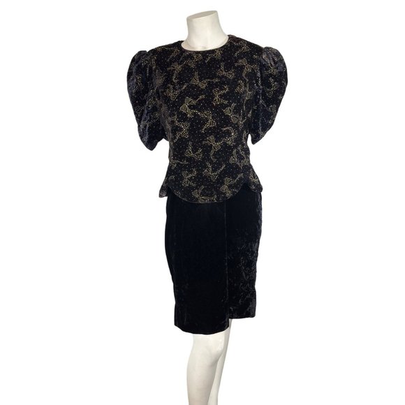 Vintage Scott McClintock Velvet Dress Puff Sleeve Gold Bow Print MOB WIFE Prom - Picture 2 of 13